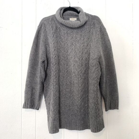 Vtg Yarnworks Womens XL Sweater 70% Lambswool Grey Turtle Neck Cable Knit Tunic - Picture 1 of 7